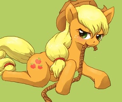 Size: 600x500 | Tagged: artist needed, safe, applejack, g4, female, looking at you, mouth hold, prone, rope, simple background, solo