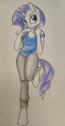 Size: 658x1280 | Tagged: safe, artist:solweig, rarity, anthro, unguligrade anthro, g4, clothes, female, hooves, solo, traditional art
