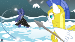 Size: 1024x572 | Tagged: safe, artist:abydos91, oc, pony, unicorn, bipedal, commission, magic, male, royal guard, snow, spear, stallion, weapon