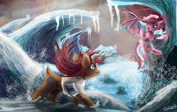 Size: 889x565 | Tagged: safe, artist:owlvortex, oc, oc only, bat pony, caribou, pony, epic, fight, flying, frown, glare, ocean, open mouth, spread wings, viking caribou, water, wave