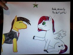 Size: 640x480 | Tagged: safe, artist:kendareru, oc, oc only, oc:java tales, pony, crimson dazzle, duo, holiday, holly, holly mistaken for mistletoe, request, traditional art