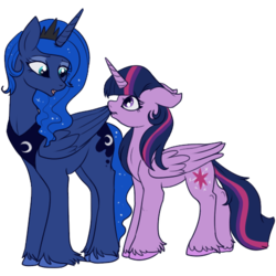 Size: 500x500 | Tagged: safe, artist:lulubell, princess luna, twilight sparkle, alicorn, pony, g4, fanfic, female, hooves, mare, simple background, talking, transparent background, twilight sparkle (alicorn), unshorn fetlocks