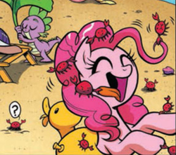 Size: 522x462 | Tagged: safe, idw, official comic, pinkie pie, spike, crab, dragon, earth pony, pony, g4, spoiler:comic, spoiler:comic13, eyes closed, female, floaty, male, mare, tongue out