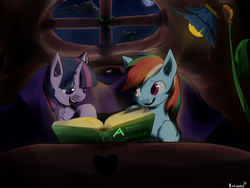 Size: 2000x1500 | Tagged: safe, artist:mimicpony, rainbow dash, twilight sparkle, g4, book, commission, lamp, reading