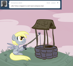 Size: 770x700 | Tagged: safe, artist:tess, derpy hooves, pegasus, pony, g4, ask, female, fishing, mare, ponyville replies, solo, tumblr, well