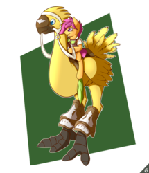 Size: 828x965 | Tagged: safe, artist:capseys, scootaloo, chocobo, pegasus, pony, g4, crossover, final fantasy, riding, saddle, simple background, tack, transparent background