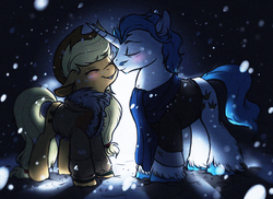 Size: 1548x1125 | Tagged: safe, artist:pony-boggle, artist:softcoremirth, applejack, fancypants, g4, backlighting, blushing, clothes, crack shipping, fancijack, female, male, nuzzling, shipping, snow, snowfall, straight