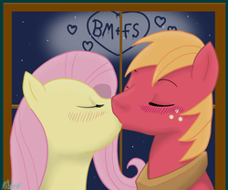 Size: 1200x1000 | Tagged: safe, artist:lazyfable, big macintosh, fluttershy, earth pony, pony, g4, blushing, duo, heart, kiss on the lips, kissing, male, ship:fluttermac, shipping, stallion, straight