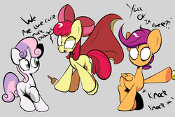 Size: 1280x853 | Tagged: dead source, safe, artist:turtlefarminguy, apple bloom, scootaloo, sweetie belle, g4, cider, cutie mark crusaders, drunk, drunkaloo