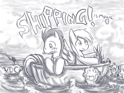 Size: 800x600 | Tagged: safe, artist:saturnspace, bon bon, derpy hooves, doctor whooves, lyra heartstrings, sweetie drops, time turner, pegasus, pony, sea pony, g4, boat, female, male, mare, monochrome, pun, seapony lyra, ship:doctorderpy, shipping, straight