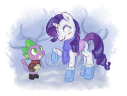 Size: 1024x768 | Tagged: safe, artist:kyaokay, rarity, spike, g4, blushing, boots, clothes, coat, female, gloves, male, saddle, scarf, ship:sparity, shipping, straight, winter