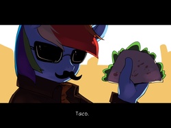 Size: 1024x768 | Tagged: safe, artist:swomswom, rainbow dash, anthro, g4, clothes, fake screencap, female, food, jacket, letterboxing, mousdash, moustache, one word, solo, subtitles, sunglasses, taco, wat