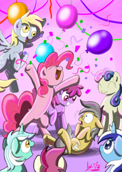 Size: 850x1194 | Tagged: safe, artist:chocolatechilla, berry punch, berryshine, bon bon, derpy hooves, lyra heartstrings, minuette, pinkie pie, roseluck, sweetie drops, oc, pegasus, pony, g4, balloon, confetti, female, mare, streamers, surprise party