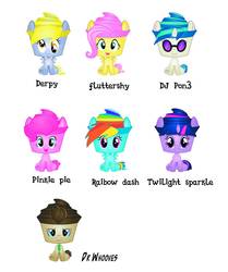 Size: 1200x1437 | Tagged: safe, derpy hooves, dj pon-3, doctor whooves, fluttershy, pinkie pie, rainbow dash, time turner, twilight sparkle, vinyl scratch, pegasus, pony, g4, cupcake keepsakes, female, funko, mare, toy, you had one job