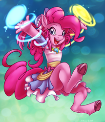 Size: 750x871 | Tagged: safe, artist:vertizontal, pinkie pie, earth pony, anthro, unguligrade anthro, g4, element of laughter, female, hooves, magic, solo, unshorn fetlocks