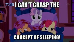Size: 512x288 | Tagged: safe, edit, edited screencap, screencap, apple bloom, scootaloo, sweetie belle, pony, unicorn, g4, stare master, bed, caption, cutie mark crusaders, image macro, pillow, text