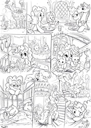 Size: 2472x3464 | Tagged: safe, artist:jowyb, carrot cake, cup cake, gummy, pinkie pie, pound cake, princess luna, pumpkin cake, alicorn, earth pony, pony, comic:a day in equestria for pinkie, g4, bath, butt, comic, female, filly, foal, lineart, male, mare, monochrome, plot, sleeping, slice of life, stallion