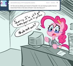 Size: 770x700 | Tagged: safe, artist:tess, pinkie pie, g4, ask, clothes, computer, desk, female, glasses, necktie, office, paperwork, pencil, ponyville replies, shirt, solo, table, tumblr, working