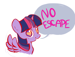 Size: 700x536 | Tagged: dead source, safe, artist:prettyproglottids, twilight sparkle, alicorn, pony, g4, dialogue, featured image, female, heart, heart eyes, looking at you, mare, no escape, open mouth, smiling, solo, speech bubble, spread wings, the ride never ends, this will end in tears, twilight sparkle (alicorn), welcome to the herd, wingding eyes