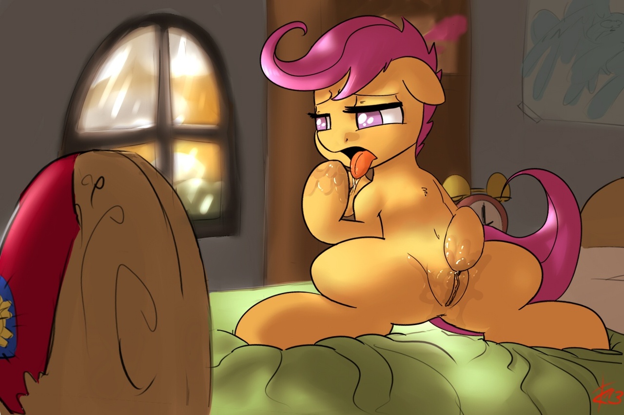 #475785 - explicit, artist:crade, scootaloo, pony, anus, bed, belly button,...