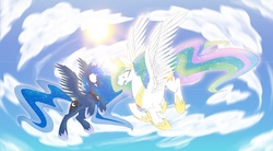 Size: 1865x1028 | Tagged: safe, artist:alicornparty, princess celestia, princess luna, g4, angry, cloud, cloudy, fight, flying, sibling rivalry, sky, sun