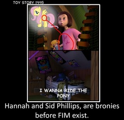 Size: 1774x1721 | Tagged: safe, fluttershy, g4, 1995, boy liking girly thing joke, brony, coincidence, hannah phillips, hilarious in hindsight, mind blown, sid phillips, toy story