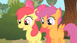 Size: 700x394 | Tagged: safe, screencap, apple bloom, scootaloo, earth pony, pegasus, pony, g4, animated, cutie mark crusaders, duo, excited, female, how to, ooh, photoshop