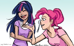 Size: 1280x799 | Tagged: safe, artist:yunyin, pinkie pie, twilight sparkle, human, g4, duo, humanized, laughing, light skin, spoon