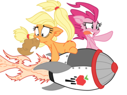 Size: 800x597 | Tagged: safe, artist:burnokero, artist:dfectivedvice, applejack, pinkie pie, earth pony, pony, g4, colored, riding, rocket, simple background, transparent background