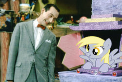 Size: 500x336 | Tagged: safe, derpy hooves, pegasus, pony, g4, female, irl, jambi the genie, mare, pee-wee herman, pee-wee's playhouse, photo, ponies in real life, scrunchy face