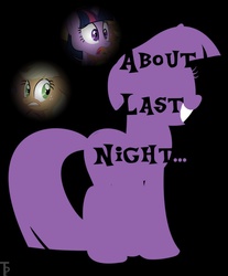 Size: 742x894 | Tagged: safe, artist:thepristineeye, applejack, twilight sparkle, fanfic:about last night, g4, fanfic, fanfic art, fanfic cover, fimfiction, silhouette