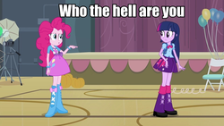 Size: 960x540 | Tagged: safe, pinkie pie, twilight sparkle, equestria girls, g4, balloon, caption