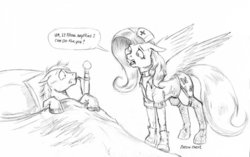 Size: 1024x642 | Tagged: safe, artist:baron engel, fluttershy, oc, oc:sky brush, pegasus, pony, g4, bed, boots, clothes, female, fishnet stockings, grayscale, hoof boots, mare, monochrome, nurse, pencil drawing, stockings, story included, traditional art