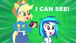 Size: 1025x577 | Tagged: safe, applejack, dj pon-3, vinyl scratch, equestria girls, g4, caption