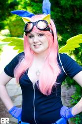 Size: 1357x2048 | Tagged: safe, artist:molly daly, fluttershy, human, g4, bunny ears, clothes, cosplay, dangerous mission outfit, female, goggles, irl, irl human, photo, solo
