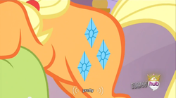 Size: 640x355 | Tagged: safe, screencap, applejack, g4, magical mystery cure, female, meme, mlp-captions, solo, swapped cutie marks, youtube caption