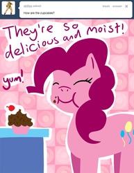 Size: 464x600 | Tagged: safe, artist:steveholt, pinkie pie, earth pony, pony, g4, ask, cupcake, cutie mark, eating, eyes closed, female, food, lineless, mare, pinkie pie answers, solo, tumblr