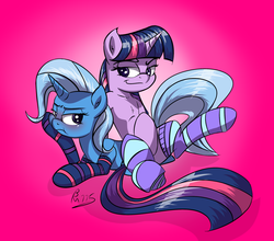 Size: 2273x1998 | Tagged: safe, artist:drizziedoodles, trixie, twilight sparkle, g4, blushing, clothes, female, inconvenient twilight, lesbian, ship:twixie, shipping, smug, smuglight sparkle, socks, striped socks
