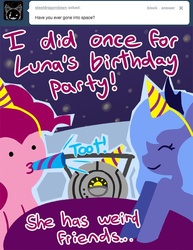 Size: 600x776 | Tagged: safe, artist:steveholt, pinkie pie, princess luna, alicorn, earth pony, pony, g4, ask, eyes closed, female, hat, hooves, horn, lineless, mare, moon, on the moon, party, party hat, party horn, pinkie pie answers, portal (valve), smiling, space core, tumblr
