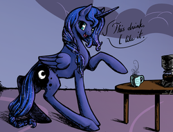 Size: 4000x3067 | Tagged: safe, artist:silfoe, princess luna, g4, alternate hairstyle, braid, coffee, dialogue, drink, female, hidden messages, looking at you, luna found the coffee, open mouth, pointing, smiling, solo, table, thor