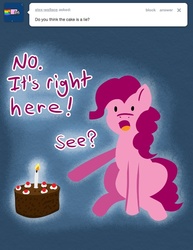 Size: 500x647 | Tagged: safe, artist:steveholt, pinkie pie, g4, cake, candle, female, pinkie pie answers, solo, tumblr