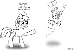Size: 3000x2000 | Tagged: safe, artist:spenws, button mash, oc, oc:cream heart, earth pony, pony, button's adventures, g4, balloon, balloon fight, colt, derp, earth pony oc, female, first world anarchist, flying, foal, male, mare, monochrome, mother and child, mother and son, parenting, rebel, this will end in grounding