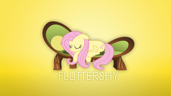 Size: 1920x1080 | Tagged: safe, artist:fiftyniner, fluttershy, pegasus, pony, g4, couch, cute, eyes closed, female, floppy ears, mare, prone, shyabetes, simple background, sleeping, smiling, solo, text, vector, wallpaper, yellow background