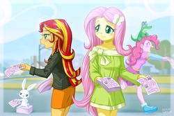 Size: 1000x667 | Tagged: safe, artist:uotapo, angel bunny, fluttershy, gummy, pinkie pie, sunset shimmer, alligator, butterfly, human, rabbit, equestria girls, g4, blushing, clothes, cloud, eyes closed, female, jacket, open mouth, shoes, skirt, sky, smiling, sneakers, sunset helper, volunteering, working