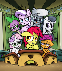 Size: 2800x3200 | Tagged: safe, artist:killryde, apple bloom, diamond tiara, rumble, scootaloo, silver spoon, spike, sweetie belle, dragon, earth pony, pegasus, pony, unicorn, g4, applebuck, applebuck gets all the fillies, applebuck gets all the mares, blushing, colt, cutie mark crusaders, fanfic art, female, filly, glasses, implied transformation, male, open mouth, rule 63, smiling
