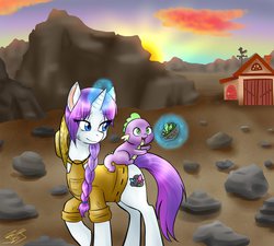 Size: 942x848 | Tagged: safe, artist:crowmagnon, rarity, spike, dragon, pony, unicorn, g4, alternate cutie mark, alternate hairstyle, alternate universe, baby, baby spike, cute, dragons riding ponies, duo, duo male and female, female, gem, horn, male, mama rarity, riding, riding a pony, spikabetes, spike riding rarity, spikelove, spikey wikey