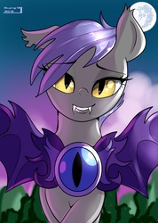 Size: 812x1138 | Tagged: dead source, safe, artist:skyart301, oc, oc only, oc:midnight blossom, bat pony, pony, bedroom eyes, fangs, female, guardsmare, mare, royal guard, solo