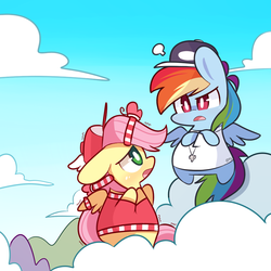 Size: 1000x1000 | Tagged: safe, artist:php56, fluttershy, rainbow dash, pony, g4, cap, chibi, clothes, cloud, cloudy, cute, hat, looking at each other, open mouth, sky, whistle