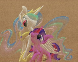 Size: 1152x922 | Tagged: safe, artist:getchanoodlewet, princess celestia, twilight sparkle, g4, traditional art