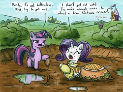 Size: 1000x749 | Tagged: safe, artist:king-kakapo, rarity, spike, twilight sparkle, dragon, pony, unicorn, g4, annoyed, clothes, damsel in distress, dialogue, dress, duo, eyes closed, frown, glare, marshmelodrama, mud, open mouth, running, sinking, stuck, twilight sparkle is not amused, unamused, unicorn twilight, whining, wide eyes